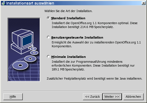 Installationsarten-Dialog